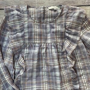 LOFT Lavender Plaid Ruffle-Trim Blouse